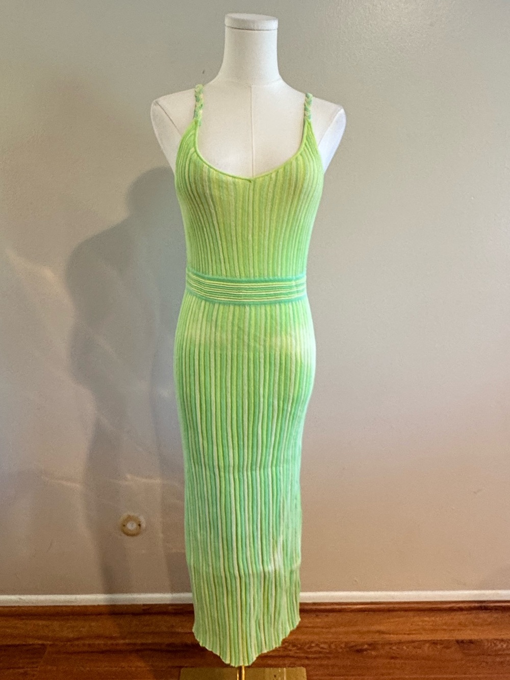 Green Ribbed Midi Dress with Braided Straps - 75% Cotton